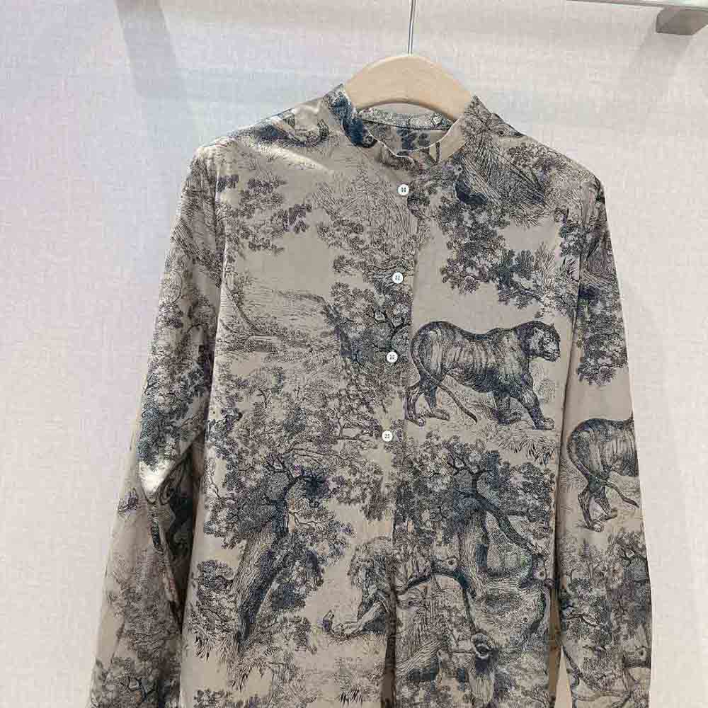 Váy Dior Long Blouse Hazelnut Cotton Voile with Toile De Jouy Motif