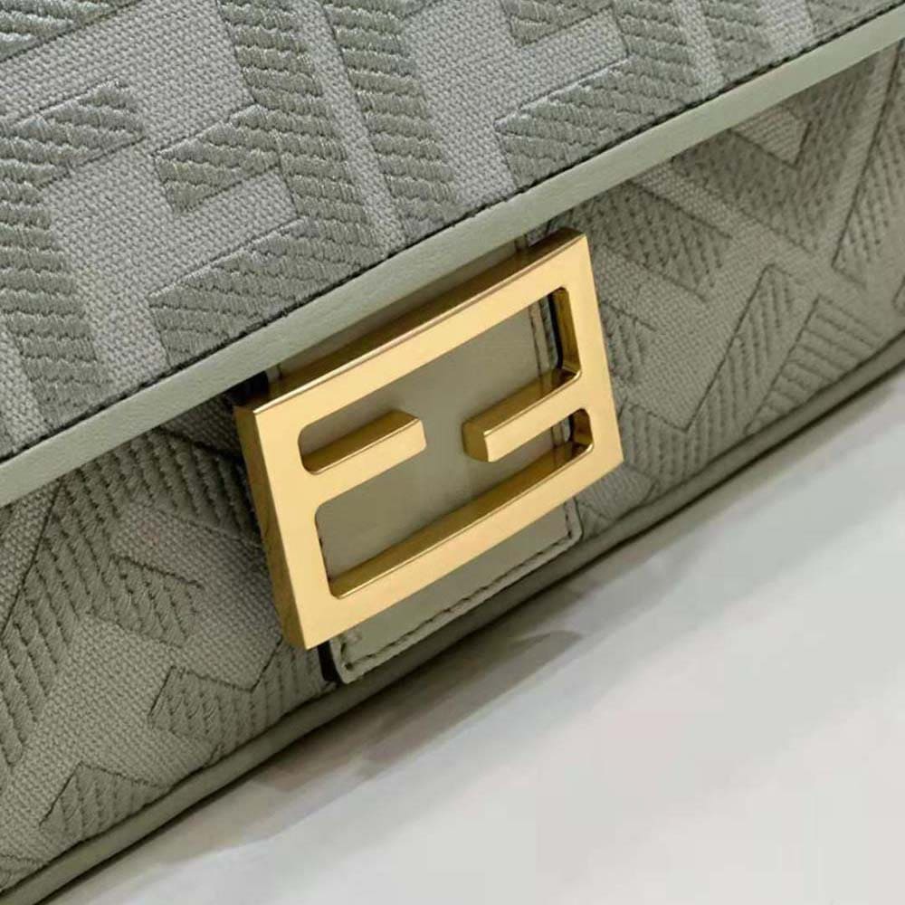 TÚI FENDI Women Baguette Light Green Canvas Bag with FF Embroidery