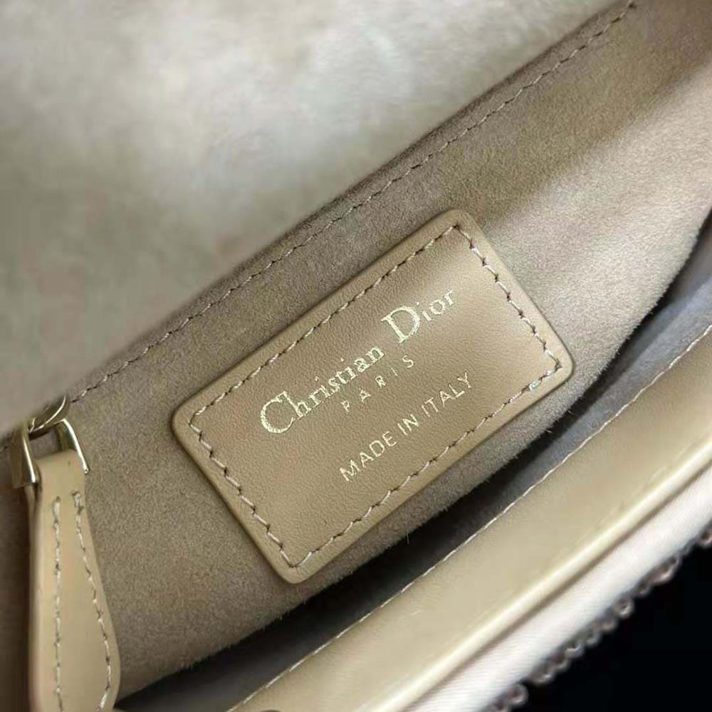 TÚI Dior Women Mini Lady D-joy Bag Caramel Beige Cannage Cotton Embroidered with Micropearls