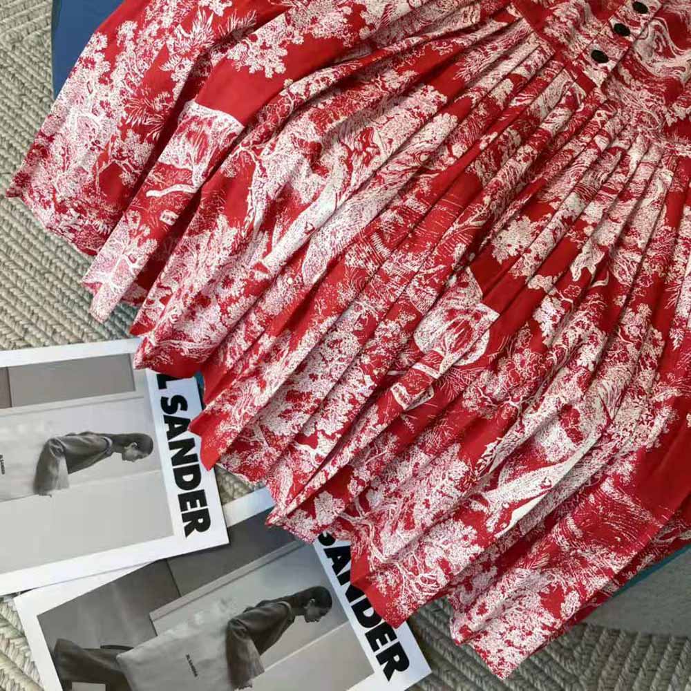 VÁY CHRISTIAN DIOR Dioriviera Pleated Short Dress Raspberry Toile de Jouy Reverse Cotton Poplin