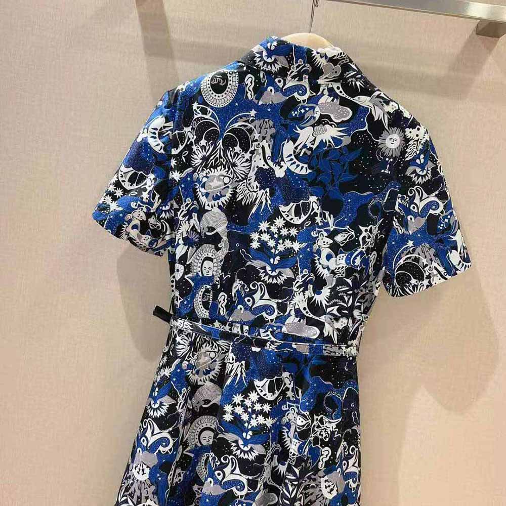 VÁY Dior Mid-Length Belted Dress Blue Dior Zodiac Fantastico Cotton Poplin