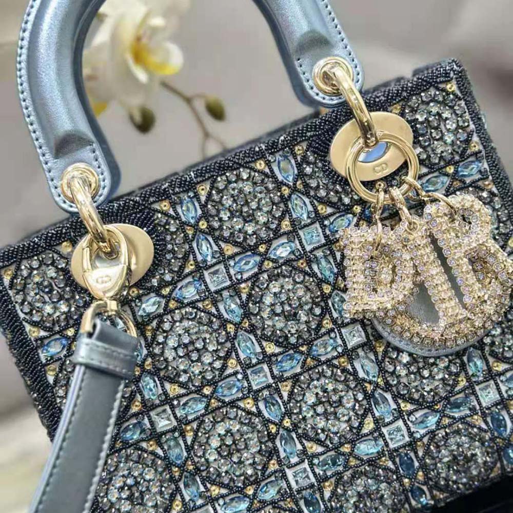 TÚI Dior Women  Small Lady Dior Bag Metallic Calfskin and Satin with Celestial Blue Bead Embroidery