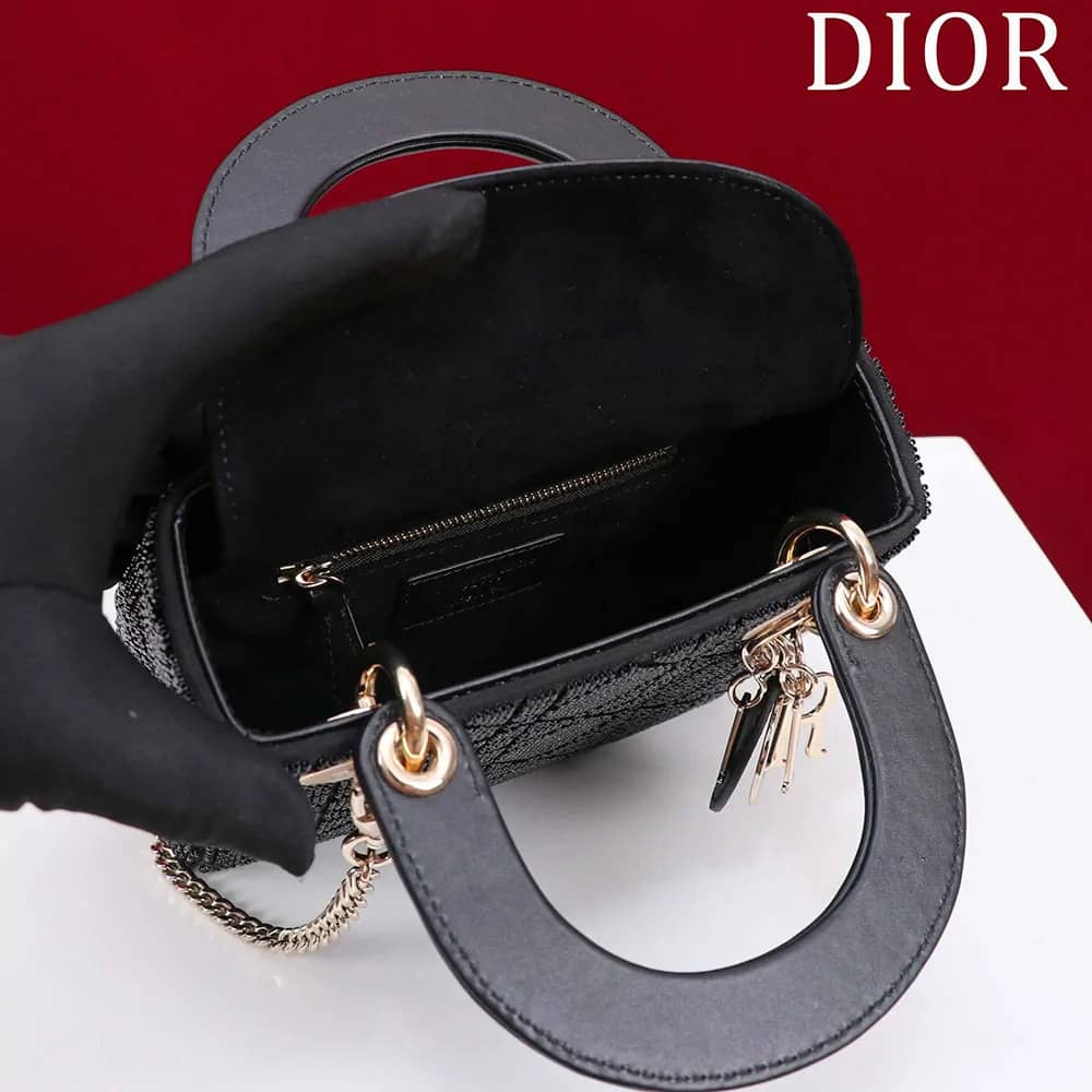 TÚI Dior Women Micro Lady Dior màu xám ánh kim Cannage da cừu thêu hạt