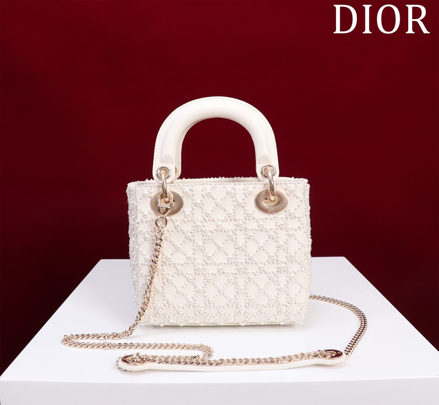 TÚI CHRISTIAN DIOR LADY DIOR Cannage Calfskin with Platinum Beaded Pearl Embroidery White