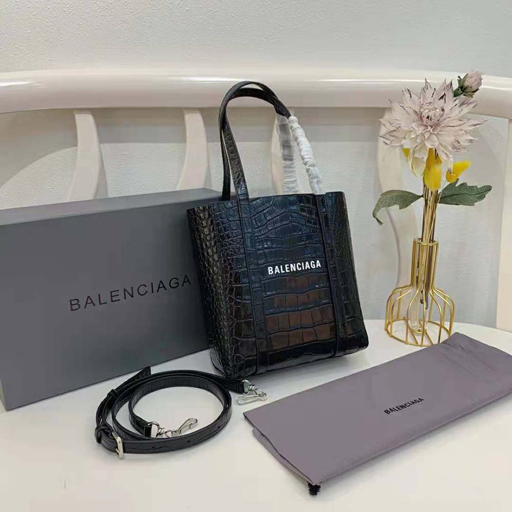 TÚI Balenciaga Everyday XXS Tote Bag in Black Shiny Crocodile Embossed Calfskin