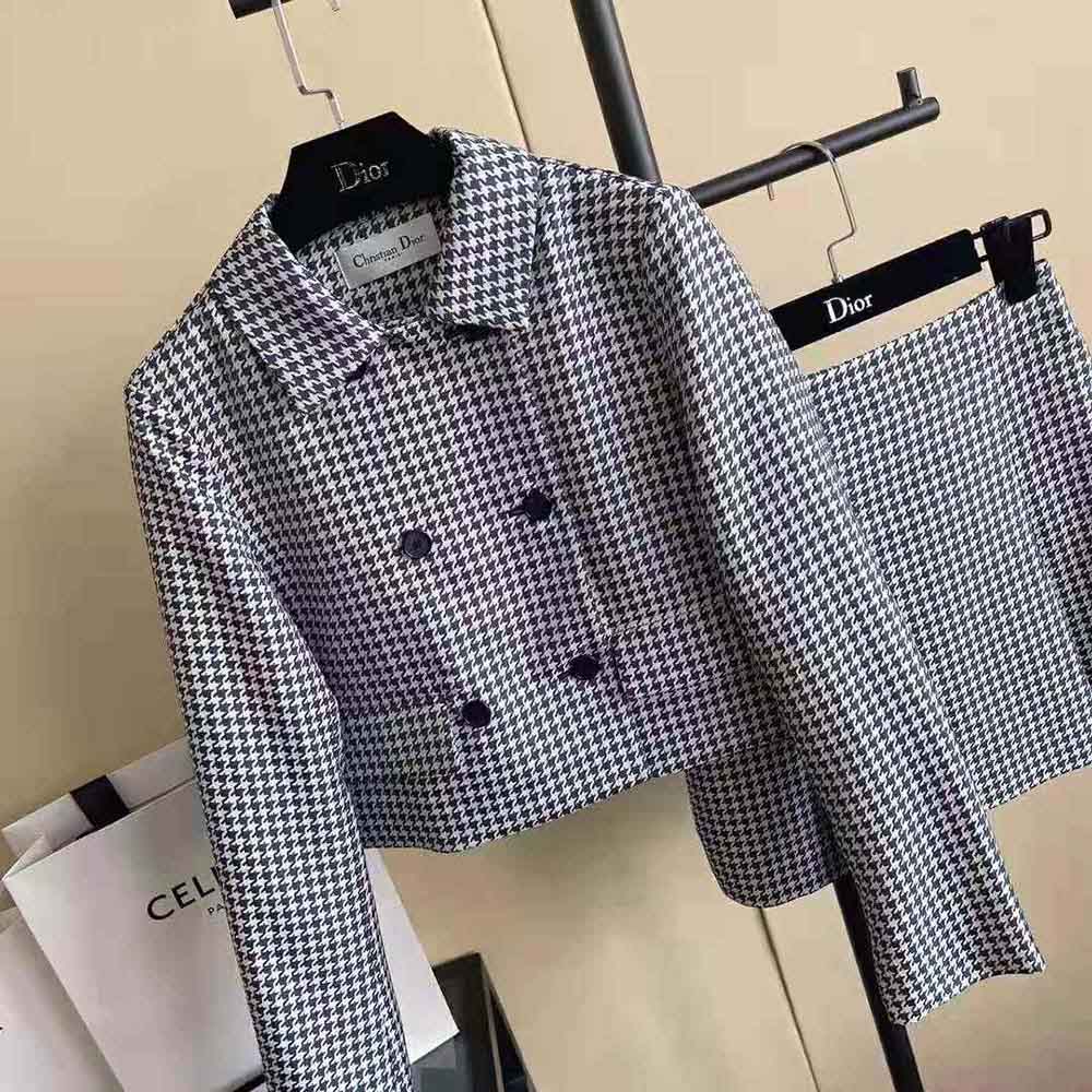 ÁO Dior Cropped Jacket Navy Blue Technical Cotton Jacquard with Micro Houndstooth Motif