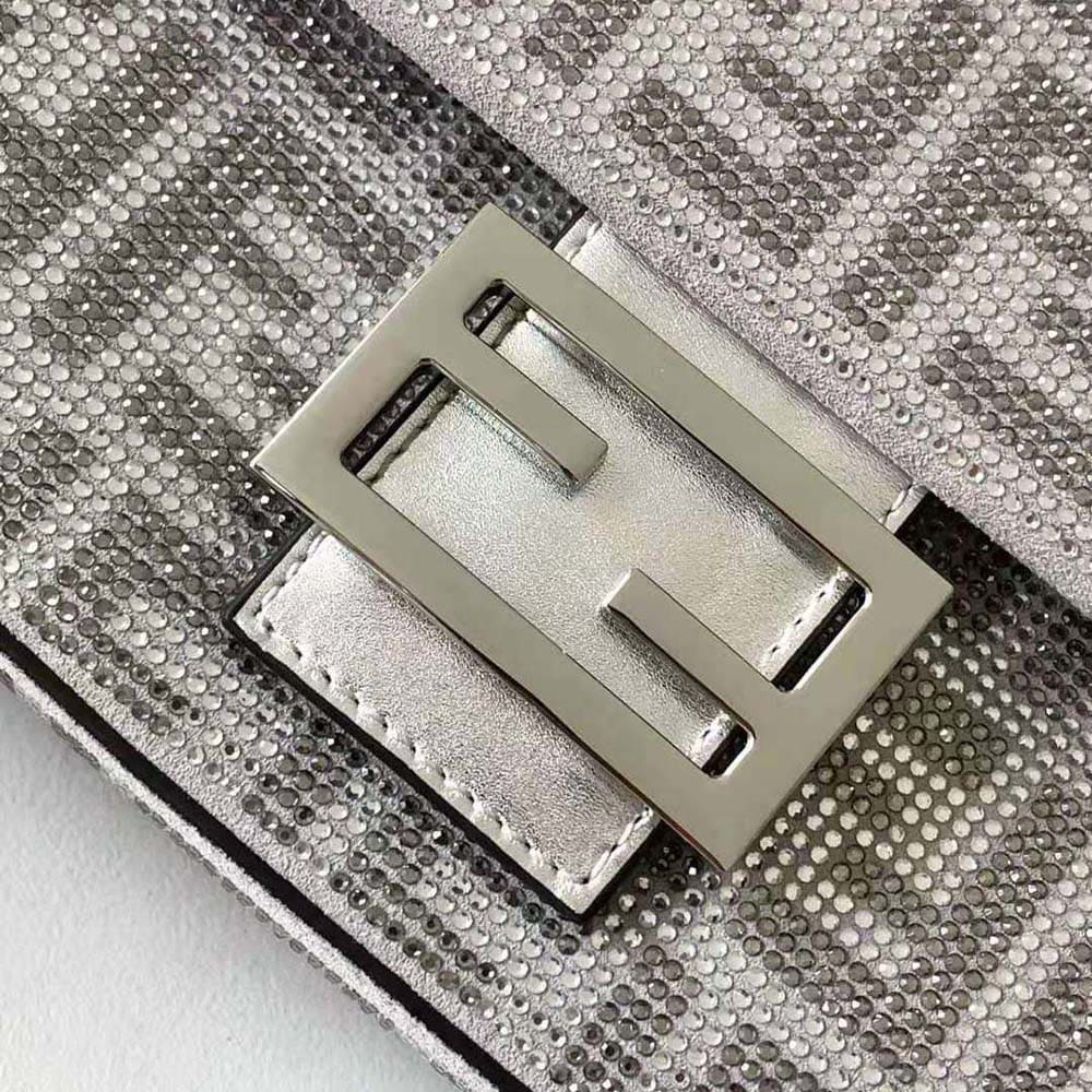 TÚI FENDI Women Baguette Mini Silver Leather Bag with Crystal FF Motif