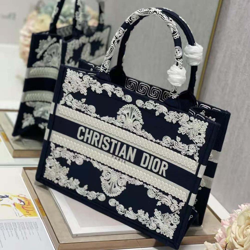 TÚI Dior Women Medium Dior Book Tote Blue Cornely-Effect Embroidered Calfskin