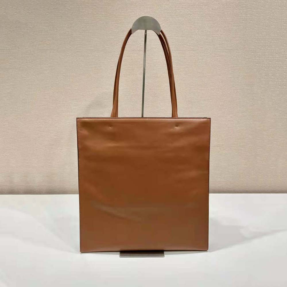 TÚI Prada Women Leather Tote Bag with Embossed Triangle Logo-Brown