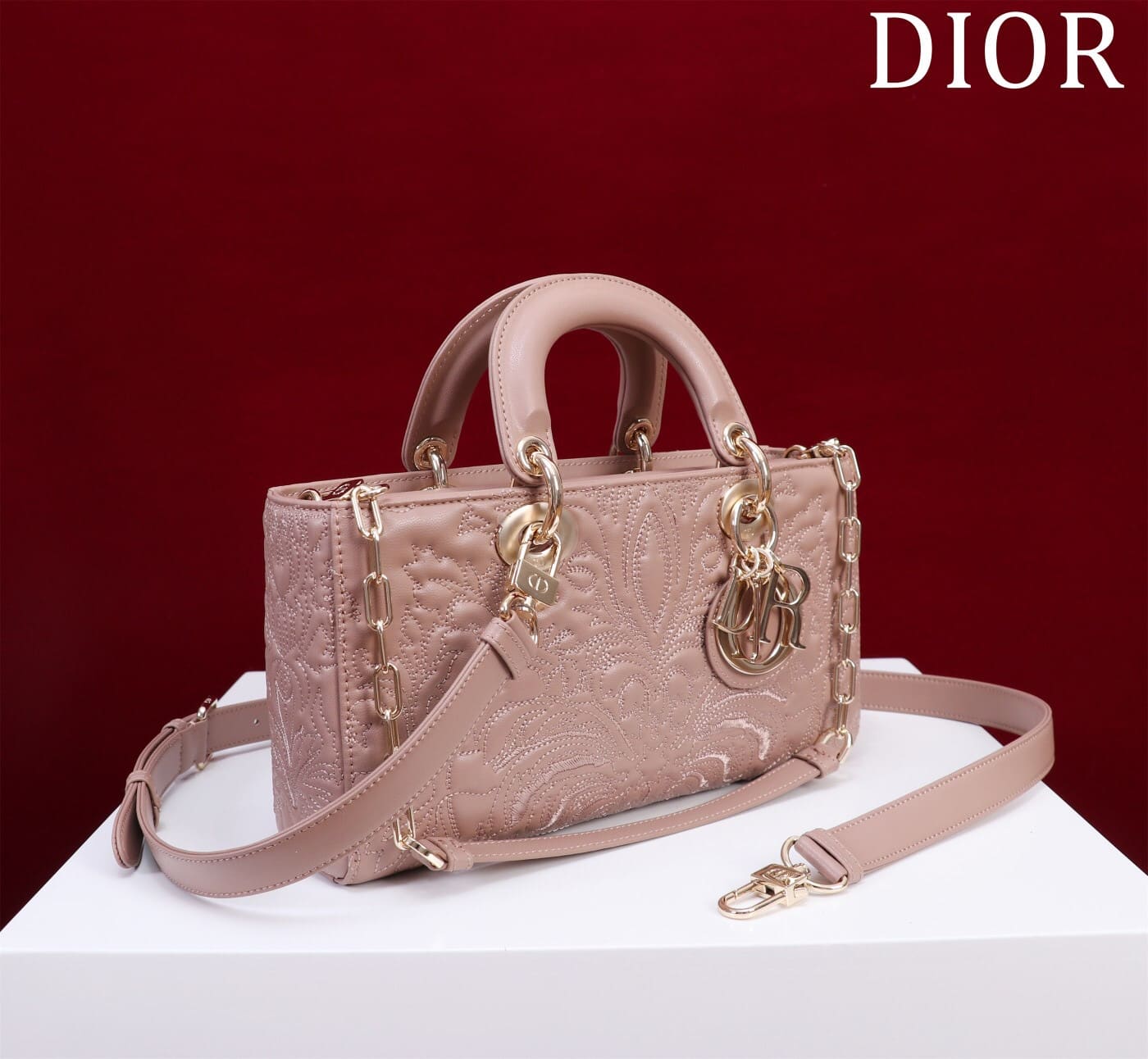 TÚI CHRISTIAN DIOR LADY D-JOY PINK Quilted-Effect Lambskin with Ornamental Motif