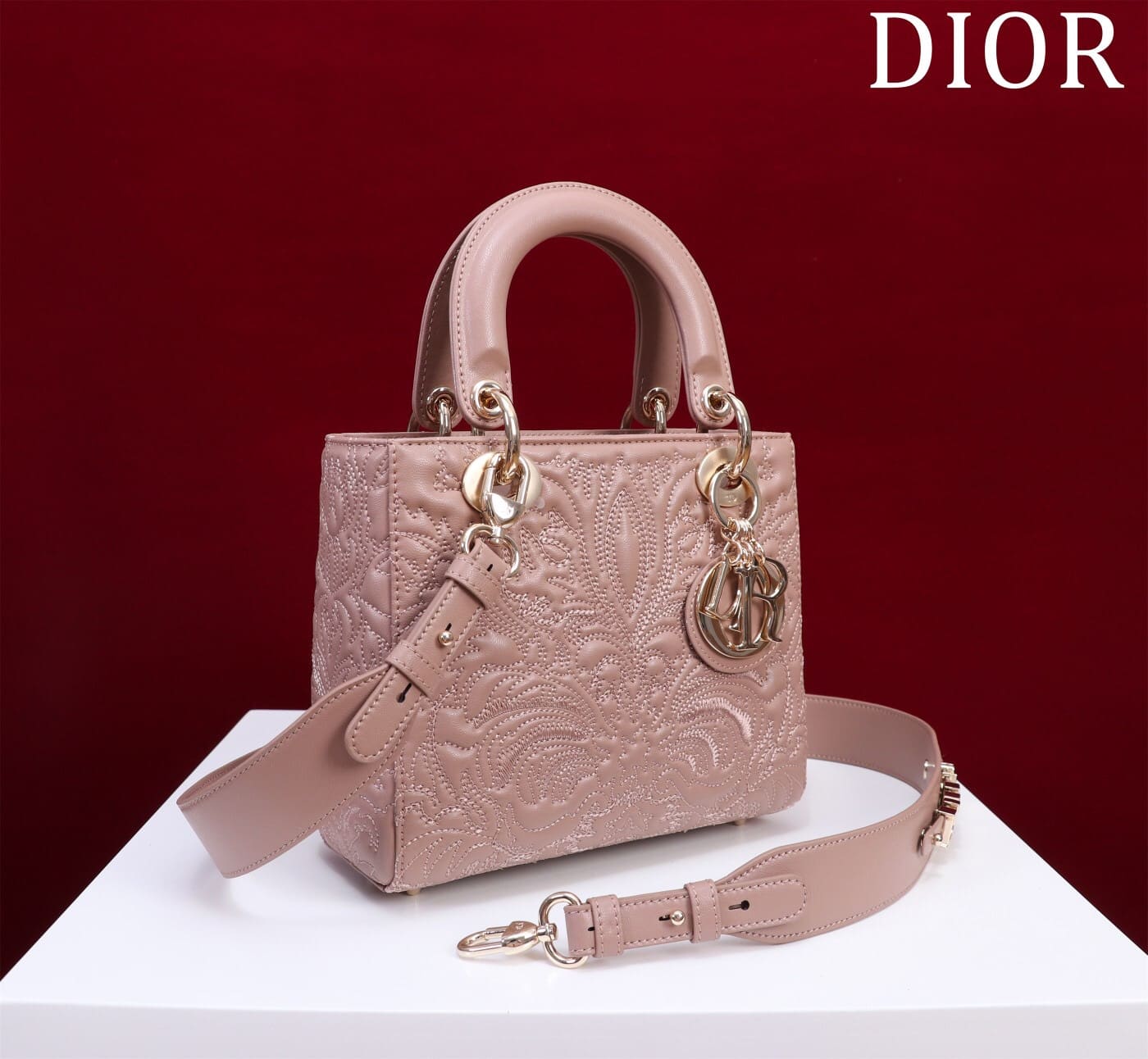 TÚI CHRISTIAN DIOR LADY DIOR Quilted-Effect Lambskin with Ornamental Motif Pink