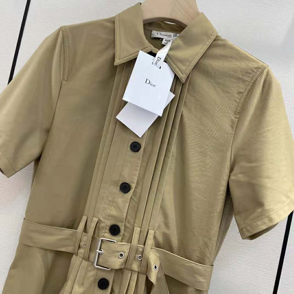 Váy Dior Mid-Length Belted Pleated Dress Beige Technical Cotton Gabardine