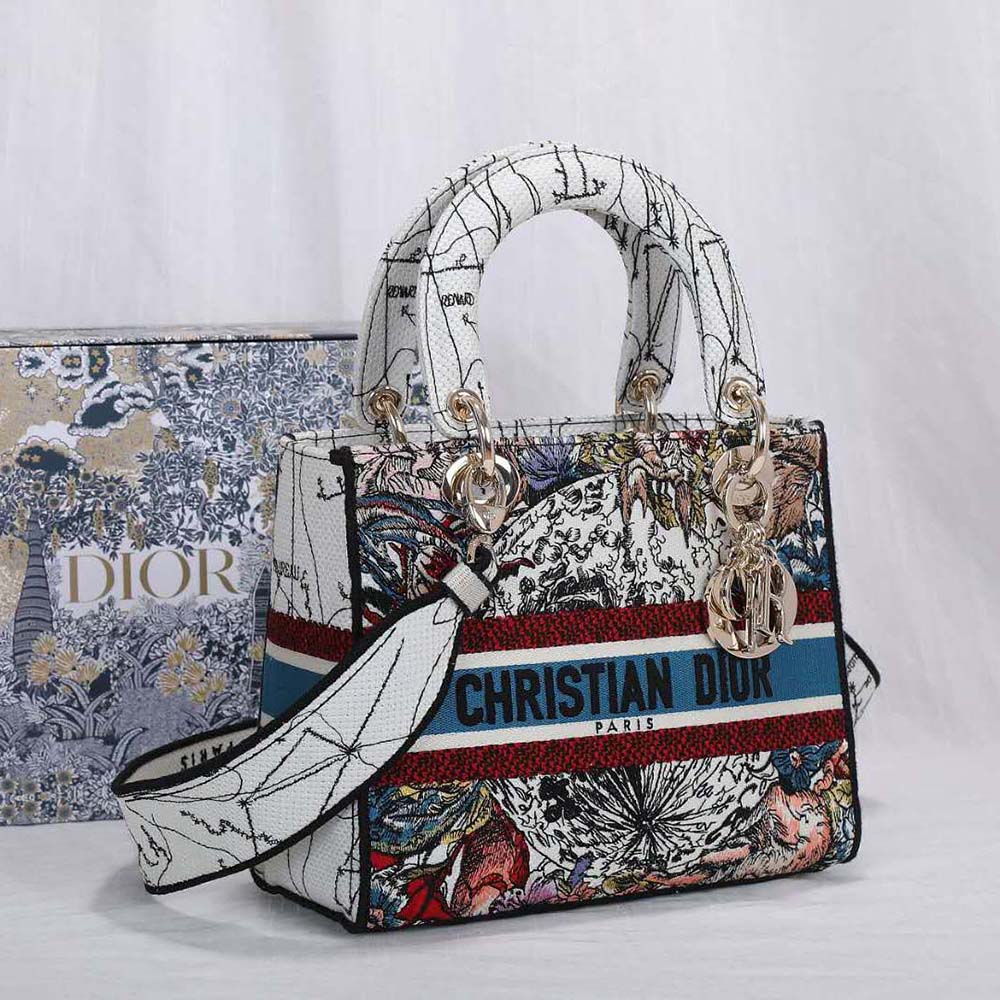 TÚI Dior Women Medium Lady D-lite Bag Latte Multicolor Dior Constellation Embroidery-White