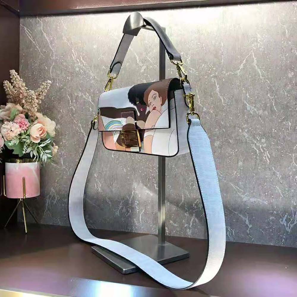 TÚI Fendi Women Baguette FF White Glazed Fabric Bag with Inlay