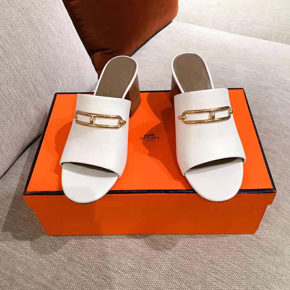 GIÀY Hermes Women Camilla Mule High Heel Mule in Calfskin-White SS2022
