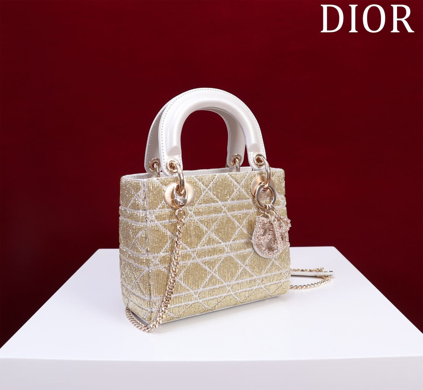 TÚI CHRISTIAN DIOR LADY DIOR Cannage Calfskin with Platinum Beaded Embroidery Metallic