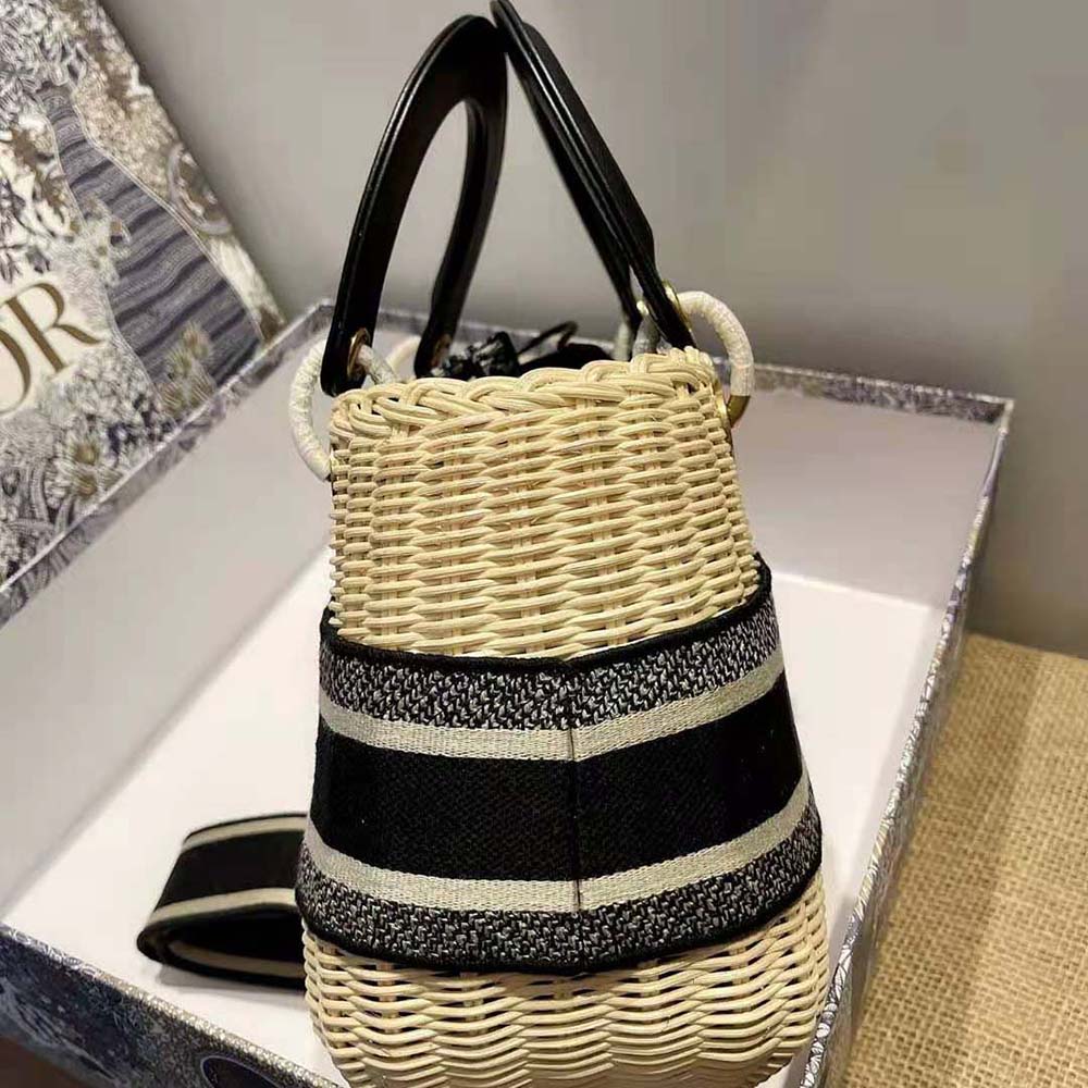 TÚI Dior Women Medium Lady Dior Bag Natural Wicker and Blue Dior Oblique Jacquard