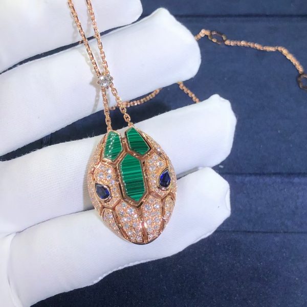 Vòng cổ BVLGARI Serpenti đá Sapphire Malachite & kim cương Pave vàng hồng18K