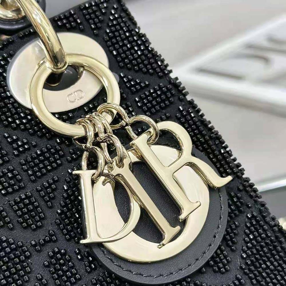 TÚI Dior Women Mini Lady D-joy Bag Black Cannage Cotton with Micropearl Embroidery