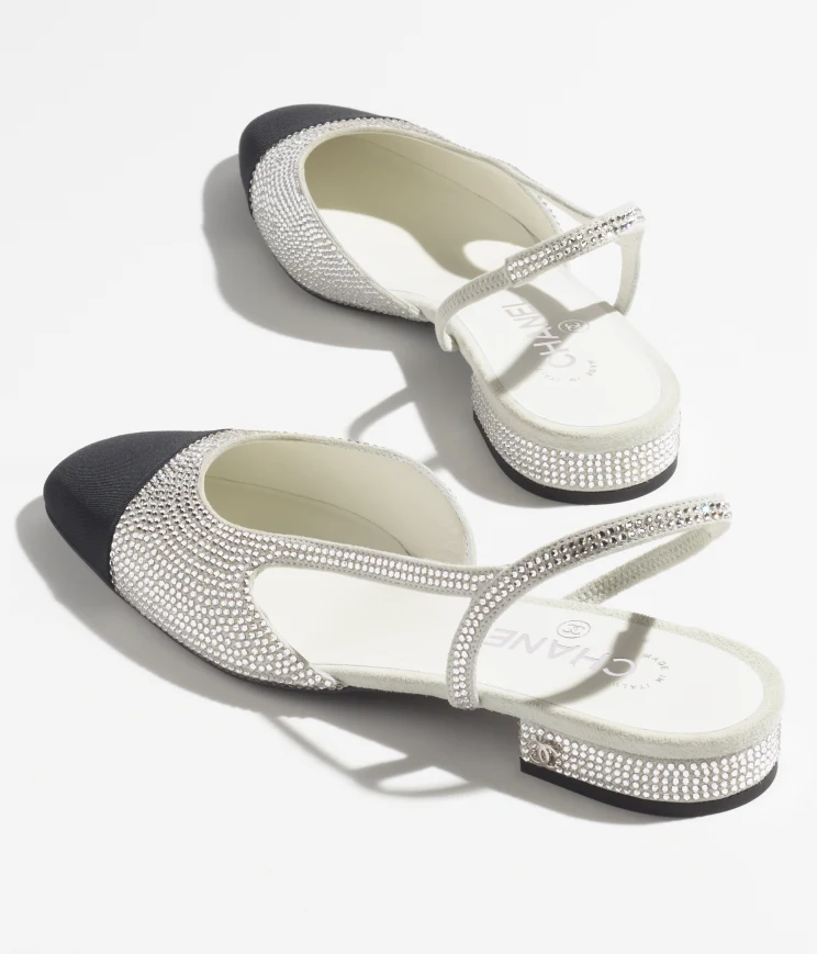 GIÀY SANDAL CHANEL SLINGBACK Hạt đá & Vải Grosgrain Bạc & Đen 20MM