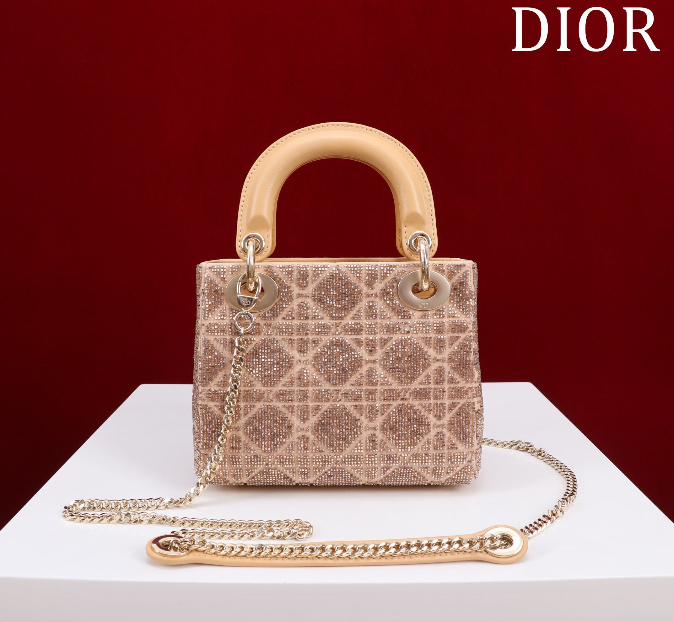 TÚI CHRISTIAN DIOR LADY DIOR Cannage Calfskin with Platinum Beaded Embroidery Brown