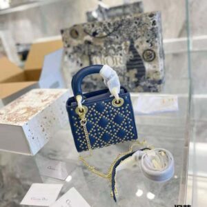 TÚI Dior Women Mini Lady Dior Bag Denim Blue Lucky Star Cannage Lambskin