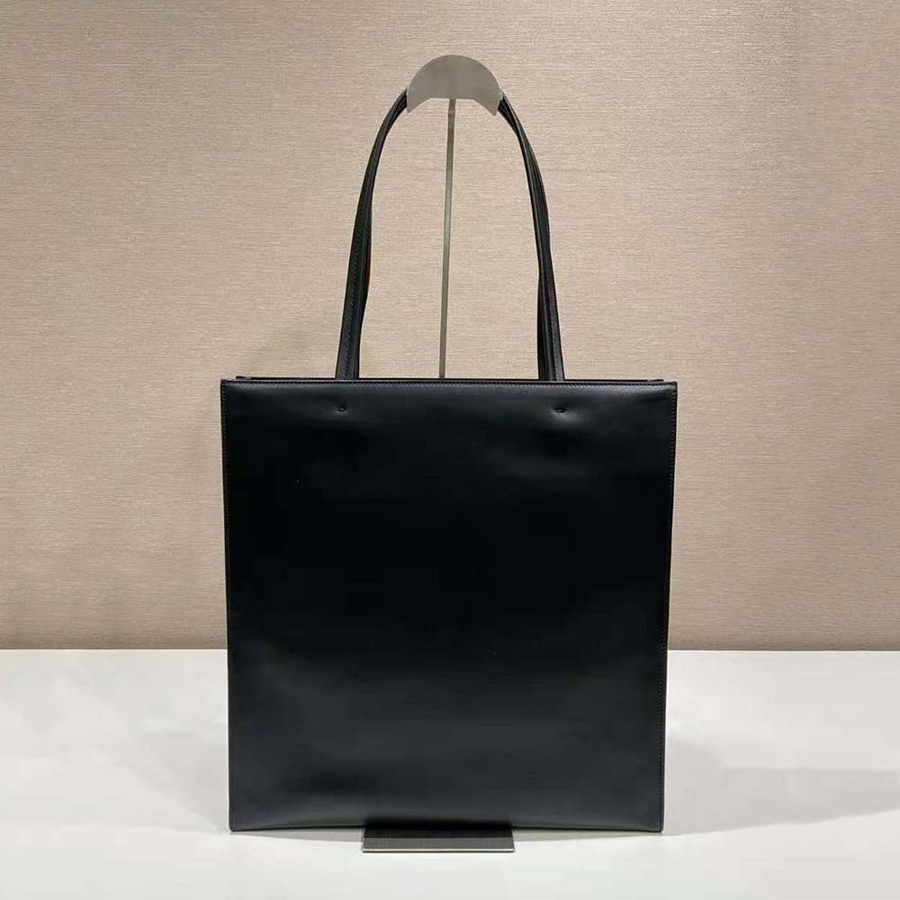TÚI Prada Women Leather Tote Bag with Embossed Triangle Logo-Black