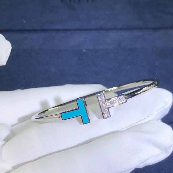 Vòng tay Tiffany & Co T Turquoise ngọc lam vàng trắng 18K