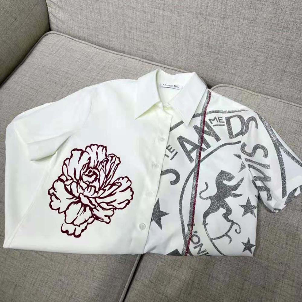Váy Dior Long Blouse Ecru Cotton Poplin and Silk with Dior Union Motif
