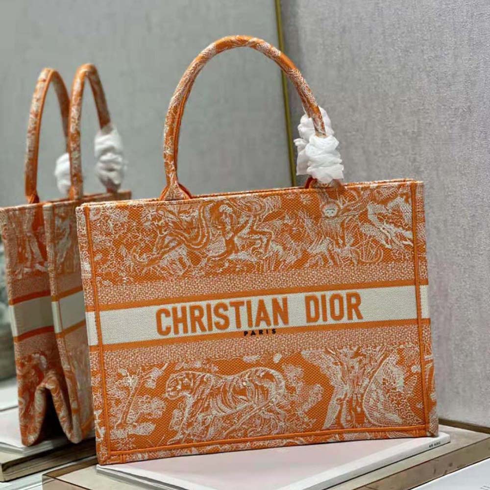 TÚI Dior Women Medium Dior Book Tote Fluorescent Orange Toile de Jouy Reverse Embroidery