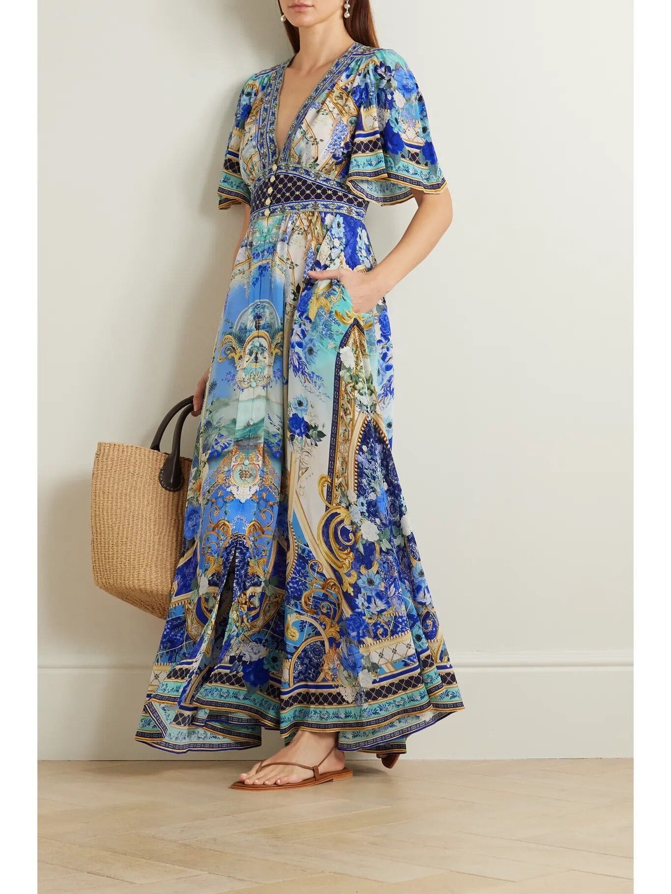 VÁY CAMILLA Silk Embellished V-Neck Maxi Dress High Classy