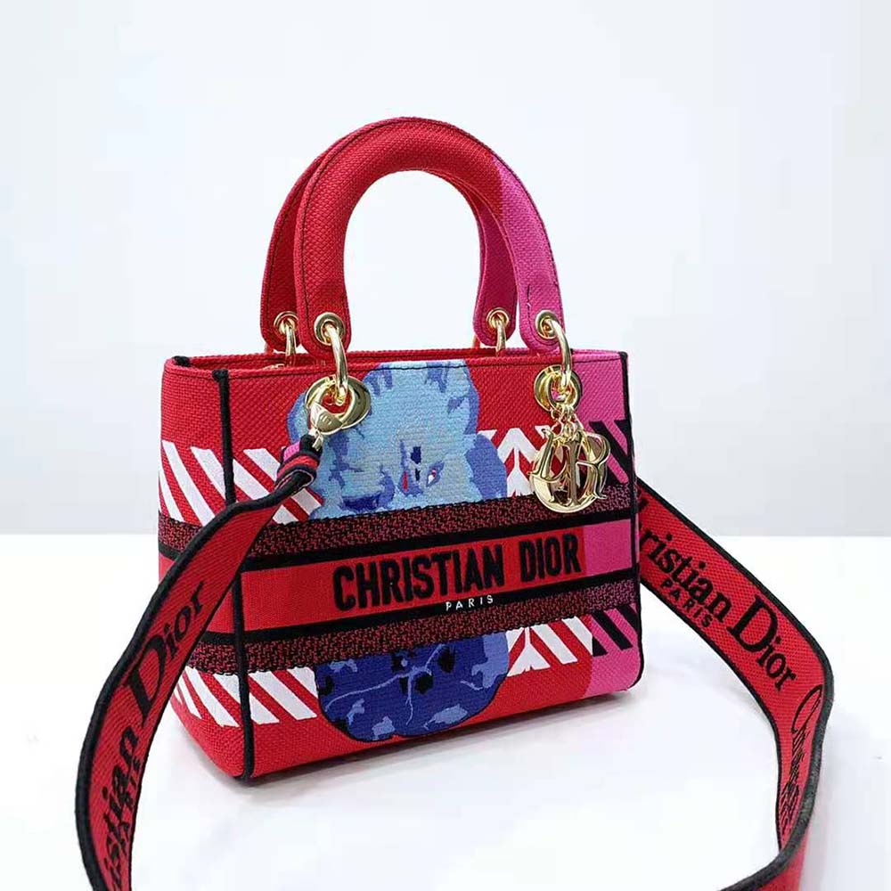 TÚI Dior Women Medium Lady D-lite Bag Bright Pink Multicolor D-Flower Pop Embroidery