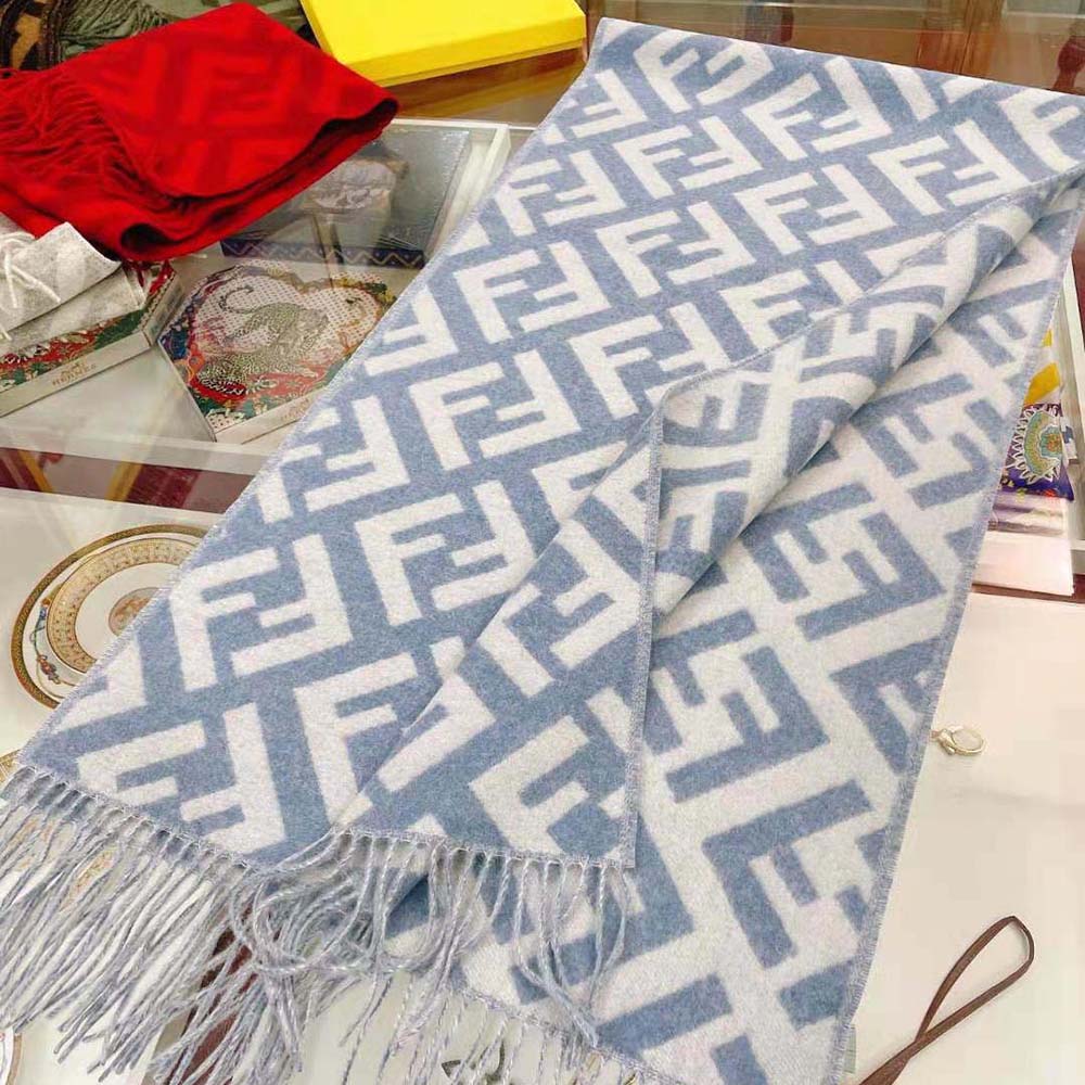 KHĂN Fendi FF Scarf Light Blue Cashmere Scarf