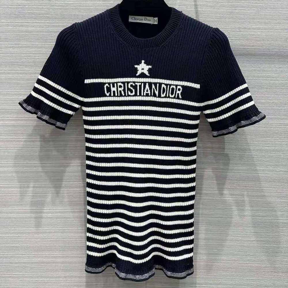 ÁO DIOR Short-Sleeved Sweater Navy Blue and White Cotton Ribbed Knit