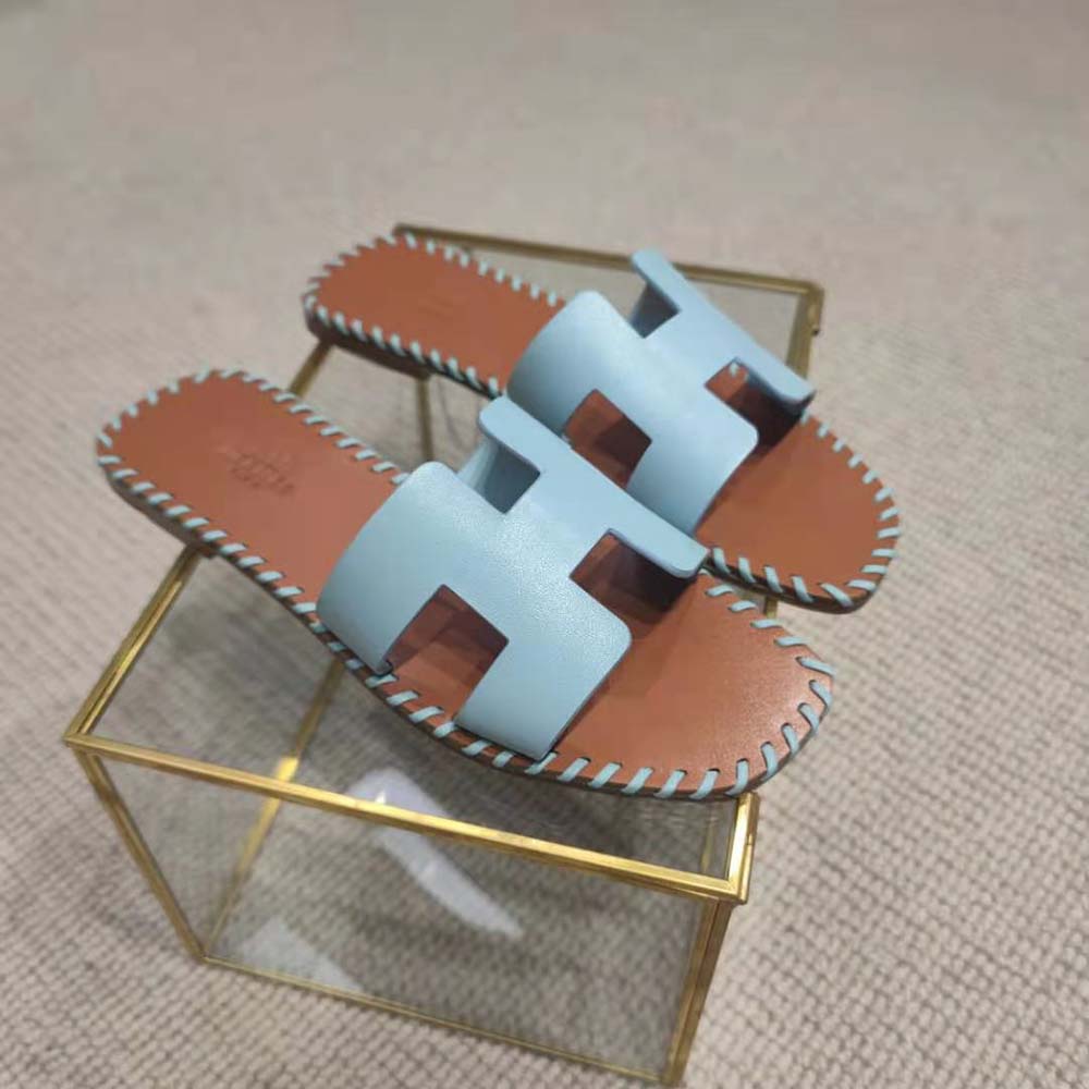 GIÀY Hermes Women Oran Sandal in Braided Calfskin with Iconic H Cut-Out-Blue SS2022