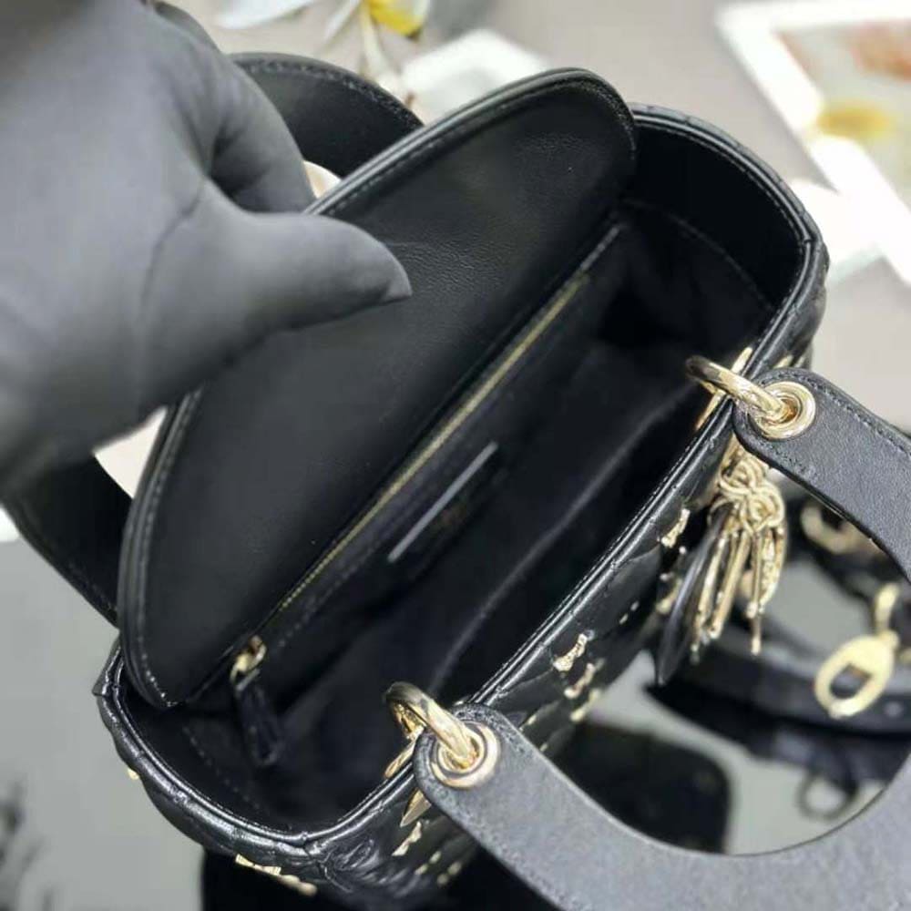 TÚI Dior Women Small Lady Dior Bag Black Cannage Lambskin with Gold-Finish Butterfly Studs