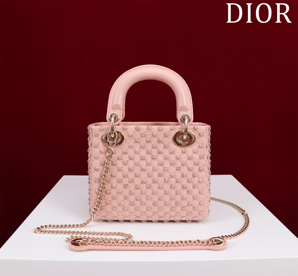 TÚI CHRISTIAN DIOR LADY DIOR Cannage Calfskin with Platinum Beaded Embroidery Pink