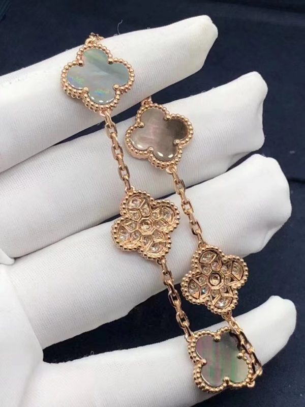 Vòng tay Van Cleef & Arpels Vintage Alhambra Grey M.O.P Kim cương 5 Motifs vàng hồng 18K