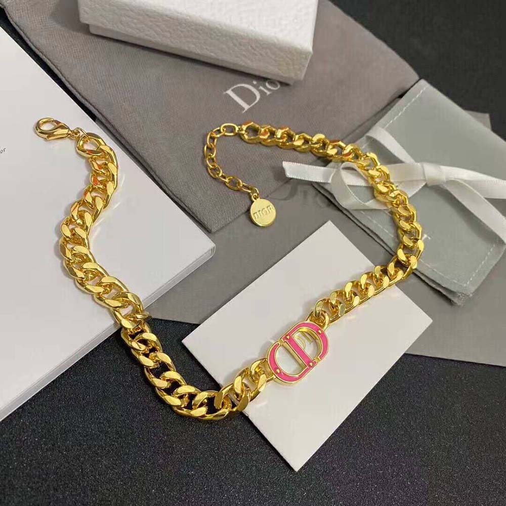 DÂY Dior Women 30 Montaigne Necklace Gold-Finish Metal and Fluorescent Pink Transparent