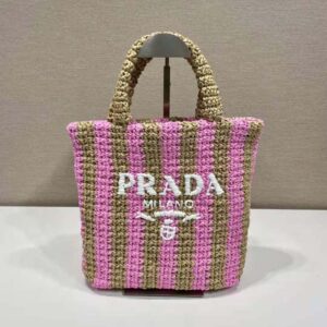 TÚI Prada Women Small Raffia Tote Bag with Embroidered Lettering Logo on the Front-Pink