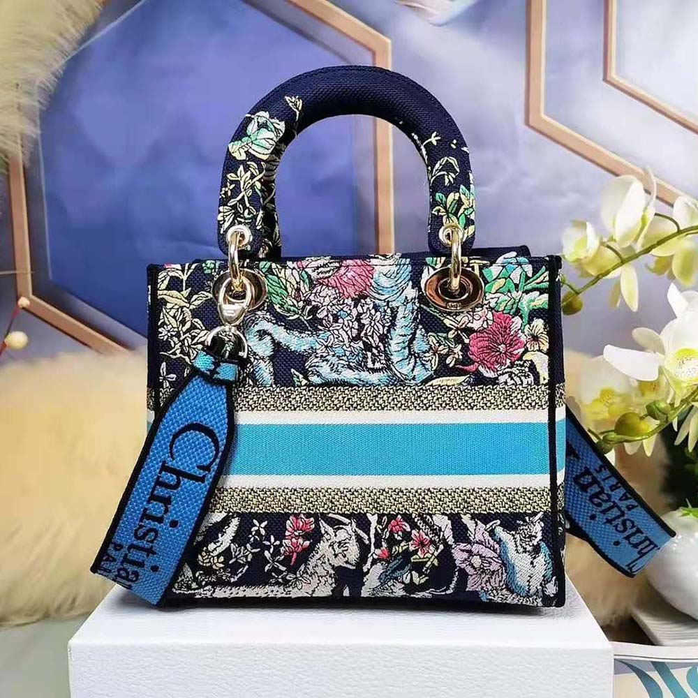 TÚI Dior Women Medium Lady D-Lite Bag Blue Multicolor D-Constellation Embroidery