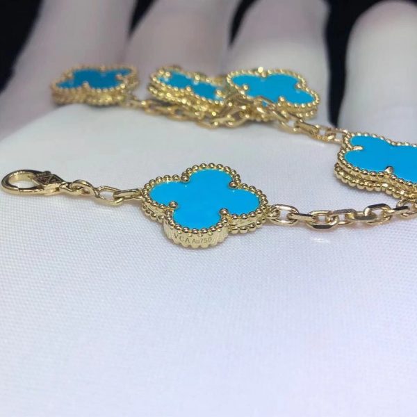 Vòng cổ Van Cleef & Arpels Vintage Alhambra Turquoise 5 Motif vàng vàng 18K