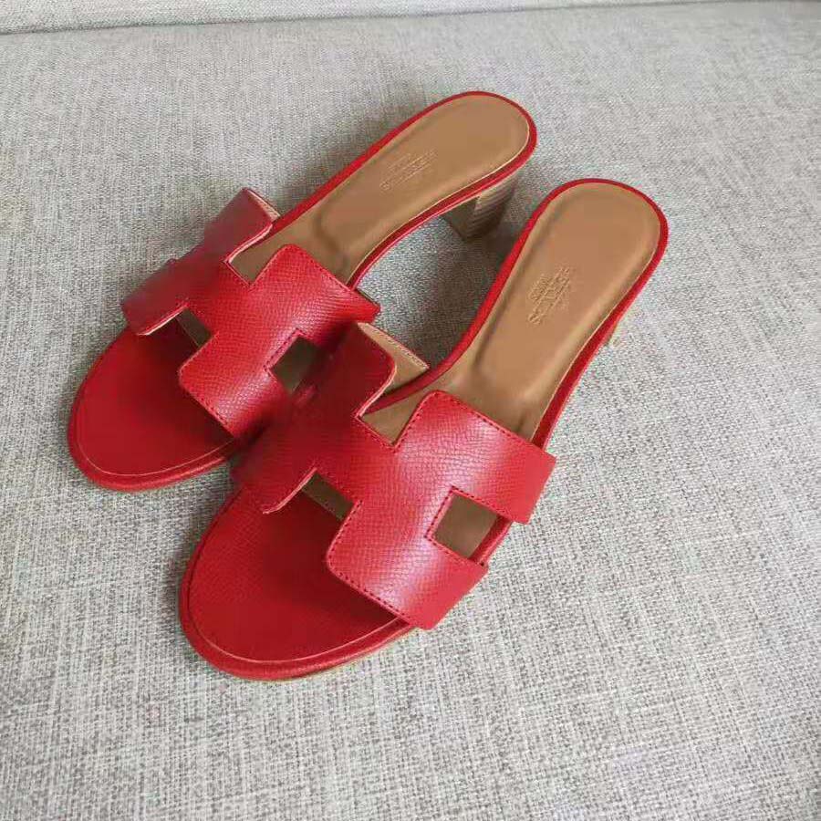 GIÀY Hermes Women Oasis Sandal in Calfskin with Iconic H Cut-Out 5.6cm Heel-Red SS2022