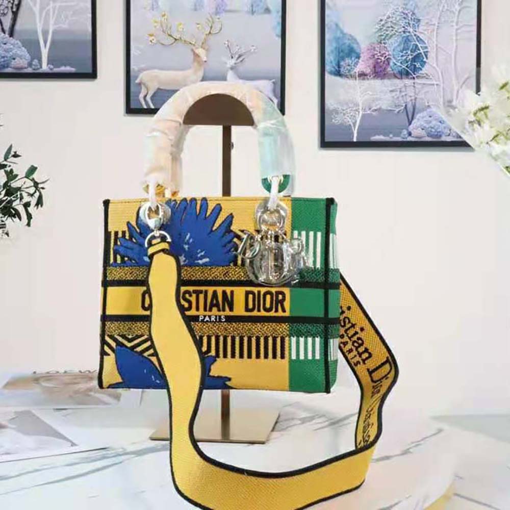 TÚI Dior Women Medium Lady D-lite Bag Bright Yellow and Green D-Flower Pop Embroidery