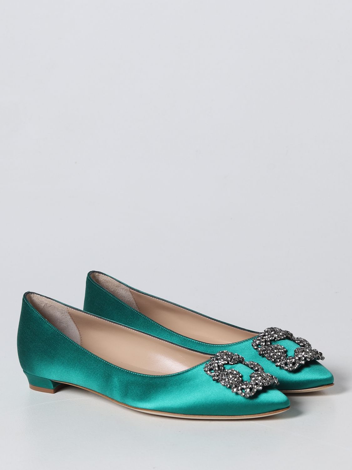 GIÀY MANOLO BLAHNIK Emerald satin ballet flats shoes