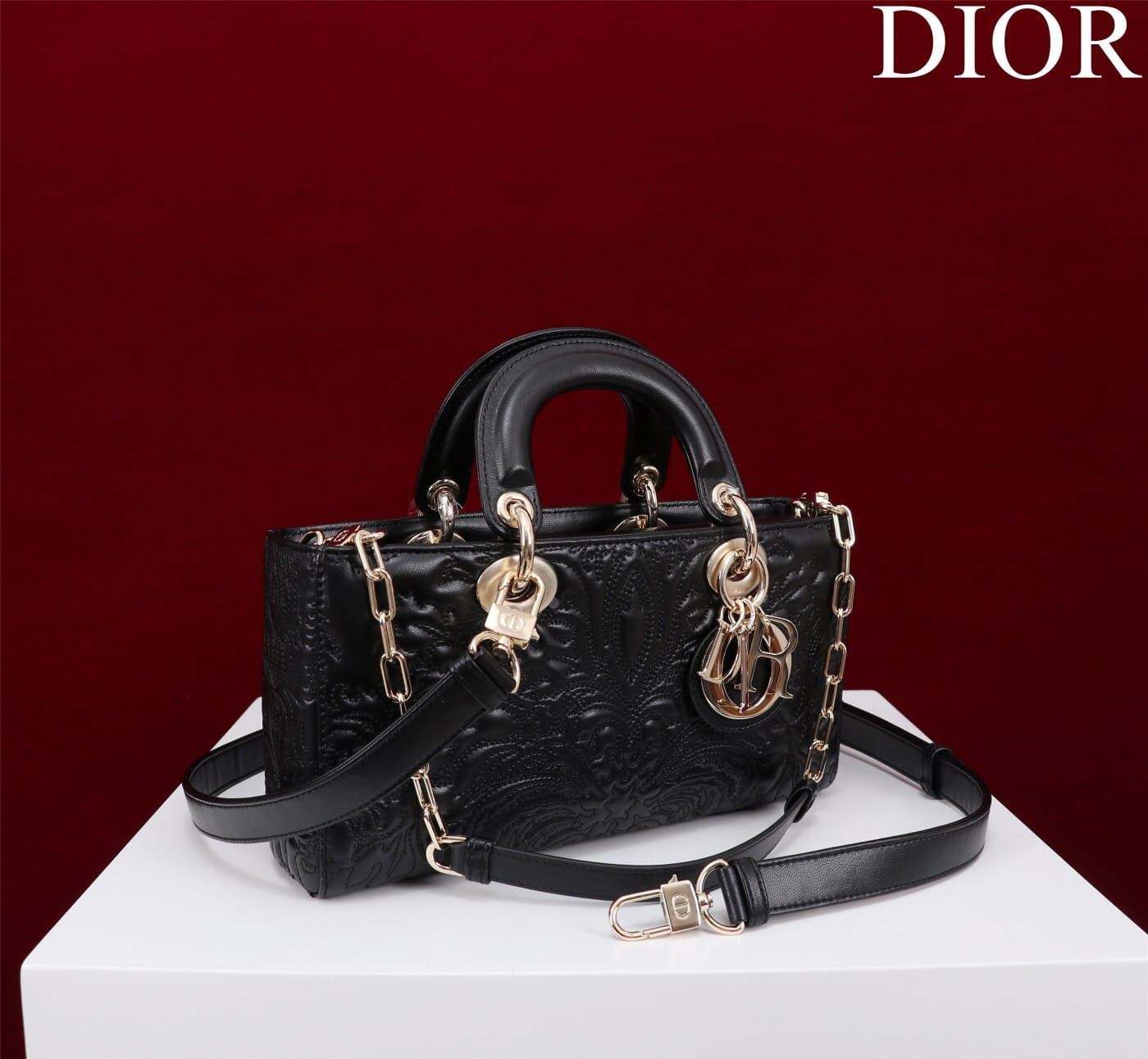 TÚI CHRISTIAN DIOR LADY D-JOY BLACK Quilted-Effect Lambskin with Ornamental Motif