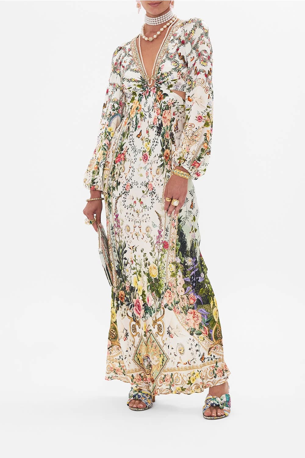 VÁY CAMILLA Silk Flower Cardigan Embellished V-Neck Maxi Dress High Classy Dài Tay