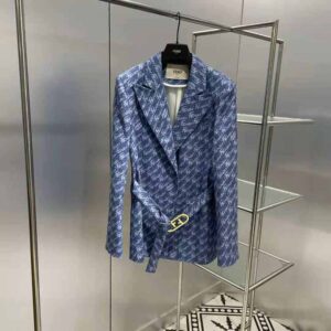ÁO Fendi Women Light Blue Chambray Jacket with Peak Lapels and Breast Pocket
