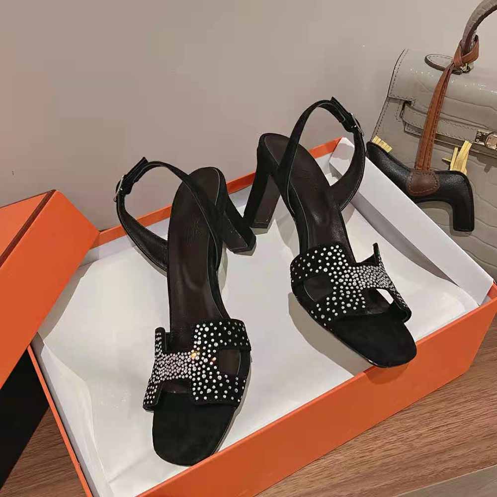 GIÀY Hermes Women Eternite 80 Sandal High Heel Sandal in Suede Goatskin-Black SS2022
