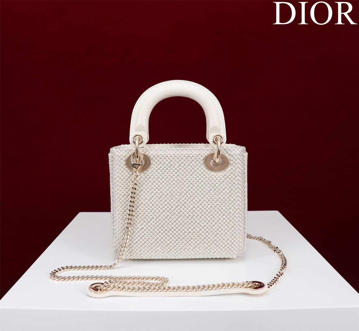 TÚI CHRISTIAN DIOR LADY DIOR Cannage Calfskin with Platinum Beaded Pearl Embroidery White